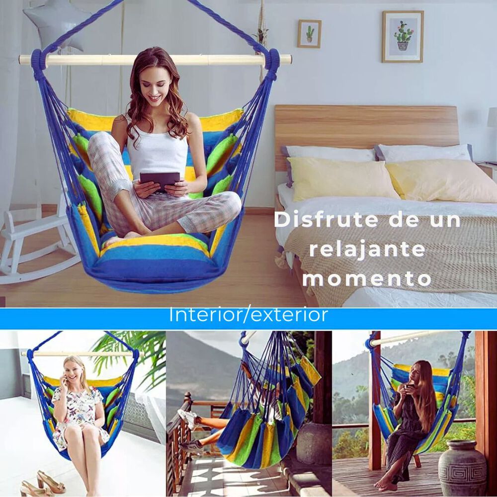 Silla Hamaca Colgante Columpio Con Dos Almohadas Para Jardin Azul Verde image number 1.0