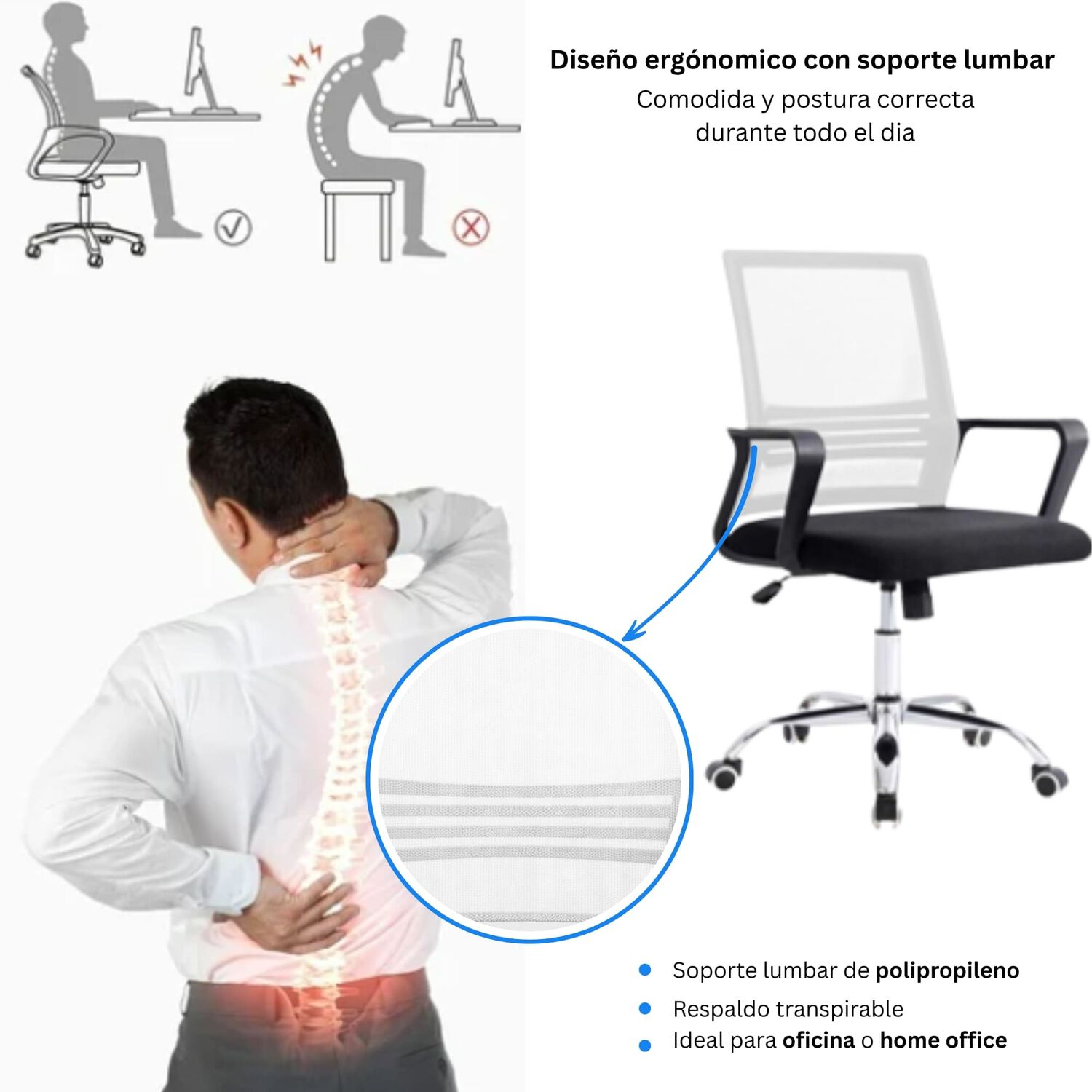 Silla De Oficina Ergon&oacute;mica Santiago Con Altura Ajustable Y Soporte Lumbar image number 4.0