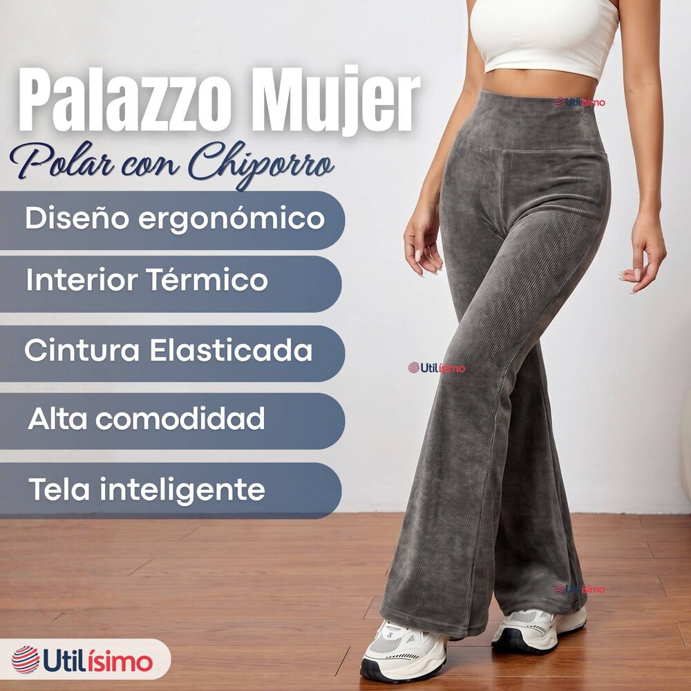 Pantal&oacute;n Cotel&eacute; Palazzo Polar Con Chiporro Elasticado T&eacute;rmico Gris Melange image number 2.0