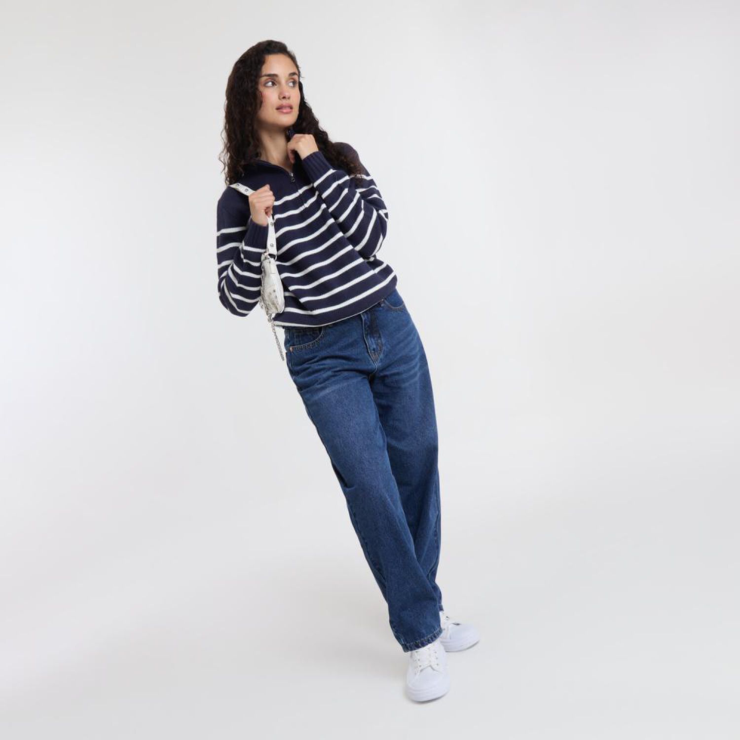 Sweater Rayas Manga Larga Cuello Alto Medio Cierre Mujer Freedom image number 1.0
