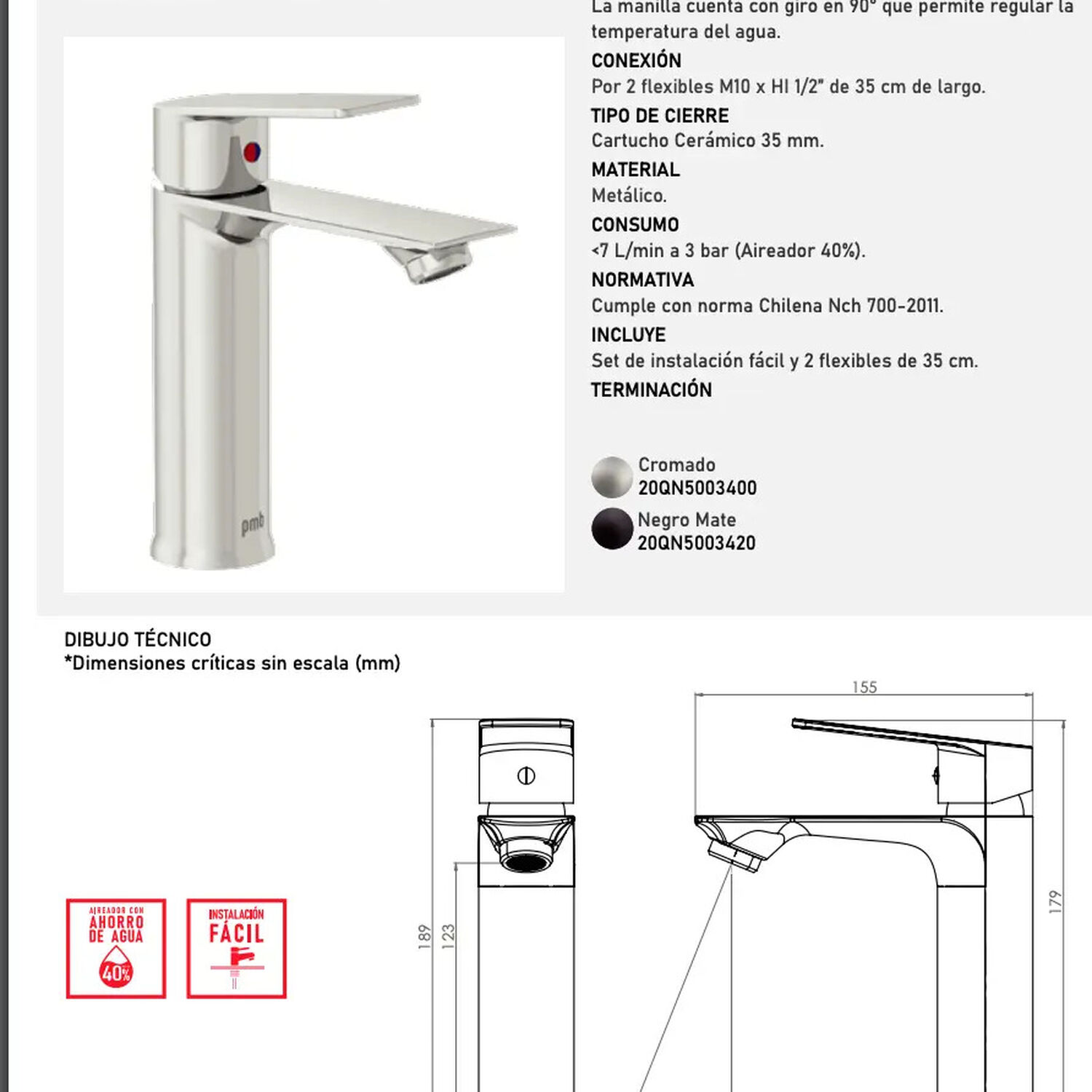Monomando Llave Grifo Lavatorio Modelo Queens Marca Pmb image number 6.0
