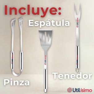 Kit Parrillero 3 Piezas Pinza Espátula Tenedor Para Asados Acero Inoxidable