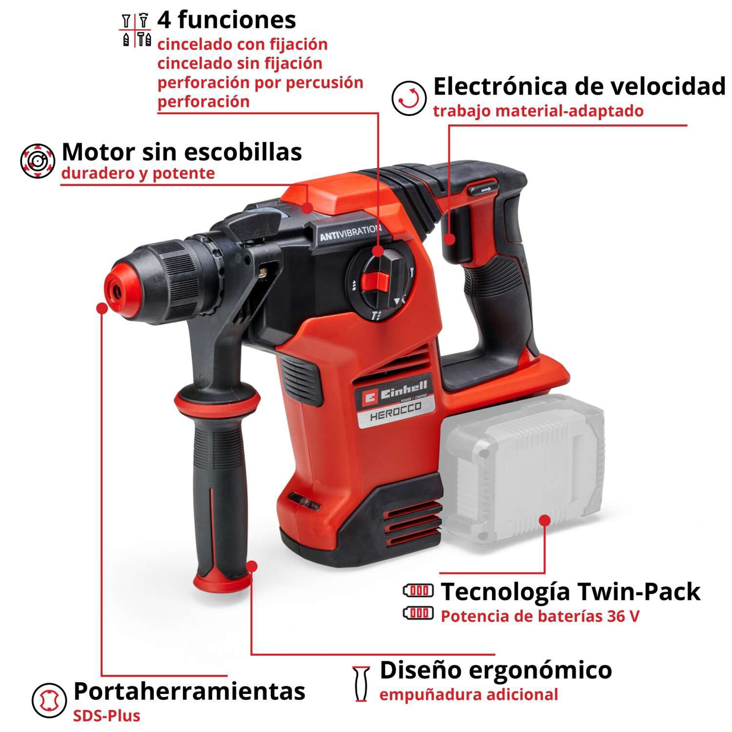 Rotomartillo Inal&aacute;mbrico 2x18v Sin Bater&iacute;as Pxc Herocco 36/28 - Einhell image number 2.0