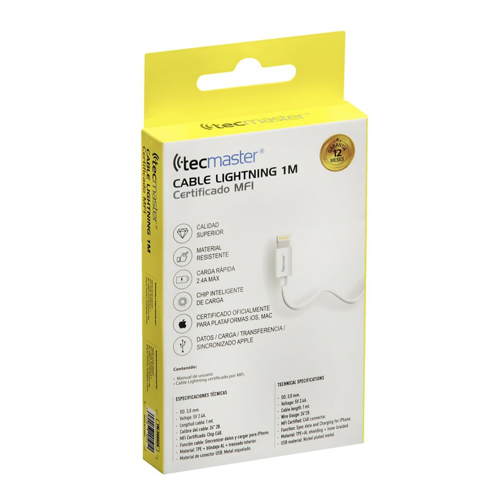Cable Cargador Para Iphone Usb Lightning 1m Certificado Tecmaster image number 2.0
