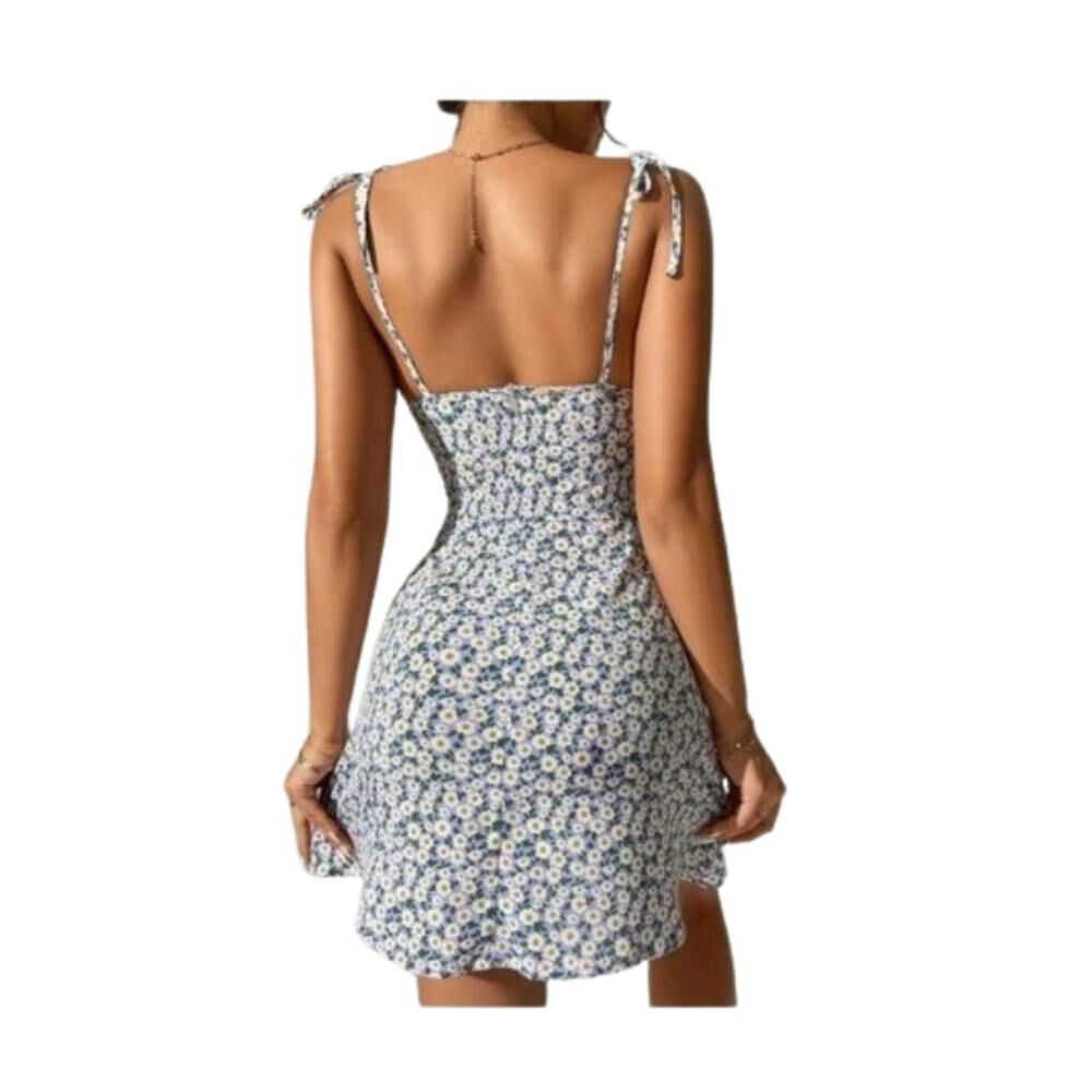 Vestido Tirante Floral Fruncido Cordón Bajo Abertura Juvenil image number 5.0