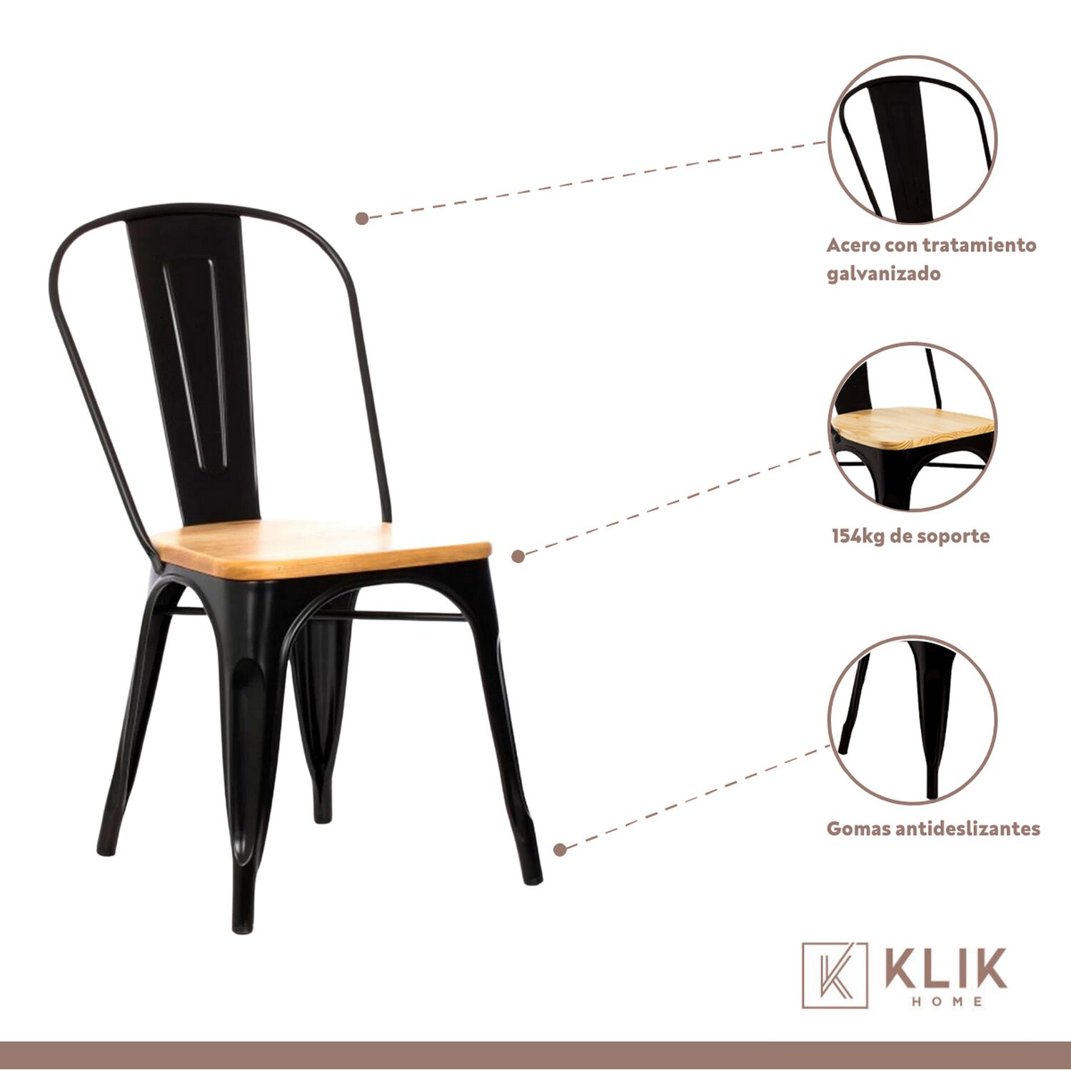 Comedor Estilo Industrial 160x90 Madera Clara + 6 Sillas Tolix Negras Con Asiento De Madera Clara image number 3.0