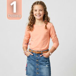 Camiseta Polera Bamb&uacute; Cuello Redondo Salm&oacute;n Primera Capa Manga Larga Ni&ntilde;a