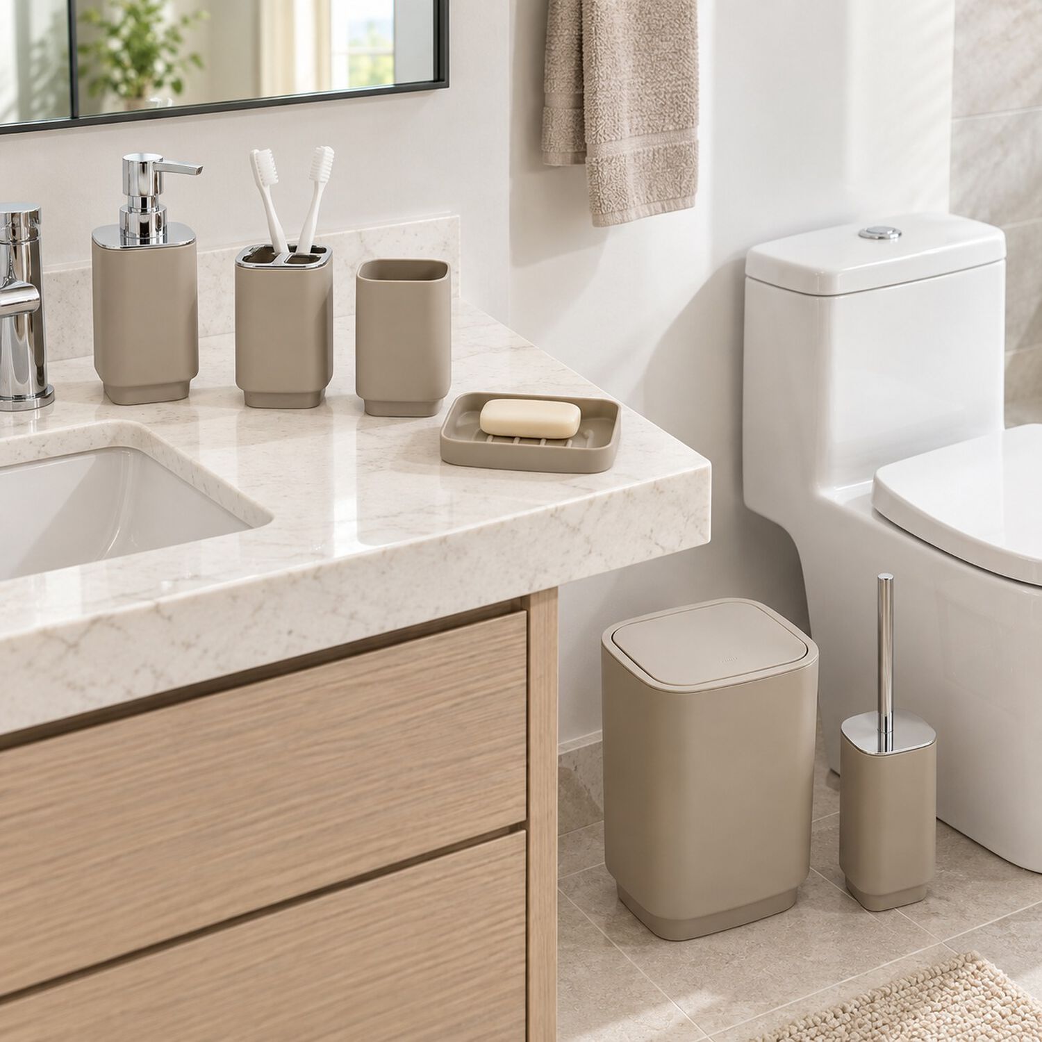 Set De Ba&ntilde;o Completo 6 Piezas De Abs Con Basurero Dispensador Y Escobilla Color Taupe image number 2.0
