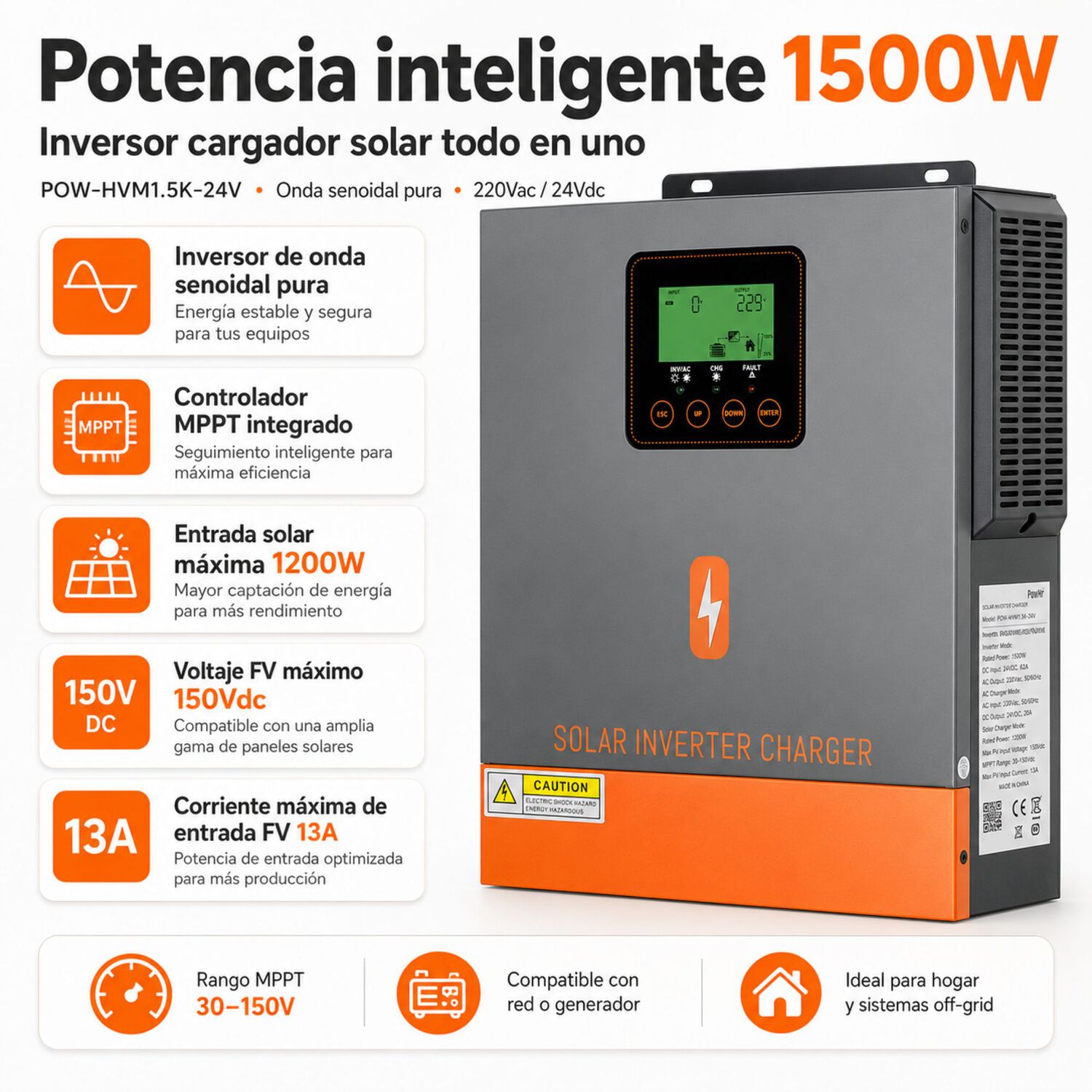 Inversor Solar H&iacute;brido Powmr 1500w 24v | Onda Senoidal Pura image number 1.0