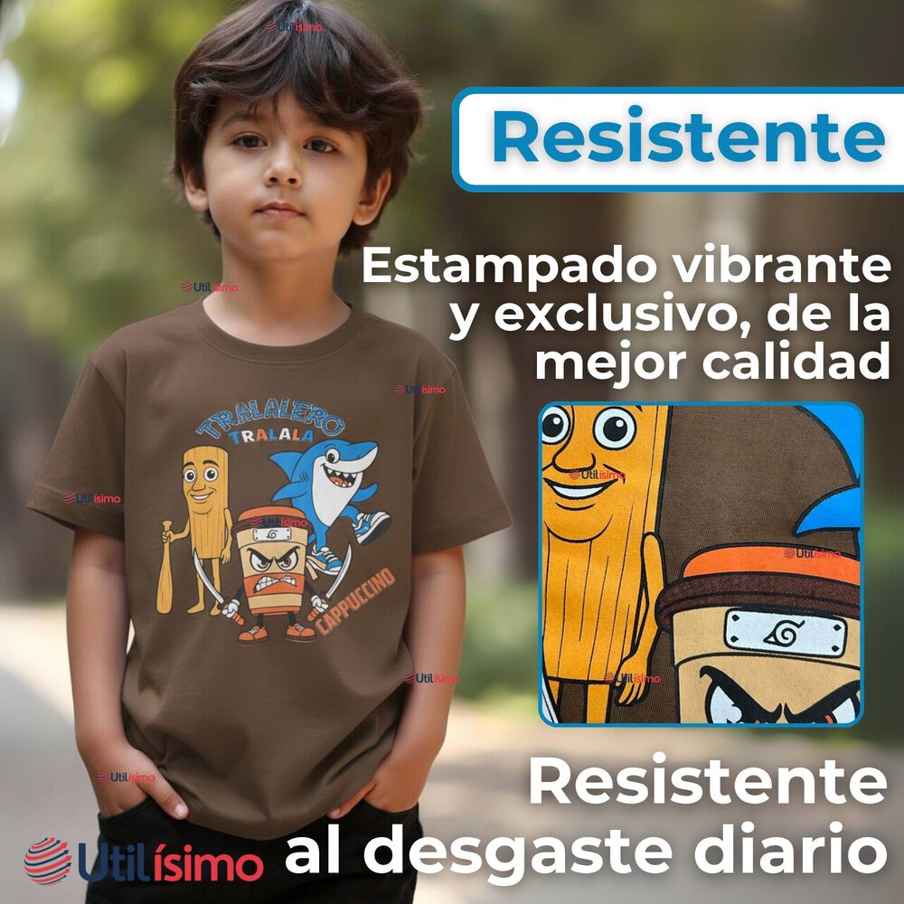 Polera Brainrots 100% Algodón Manga Corta Niño Tralalero Marrón image number 3.0