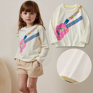 JUMP KIDS Polera Manga Larga Niña 100% Algodón Guitarra Blanco Camiseta