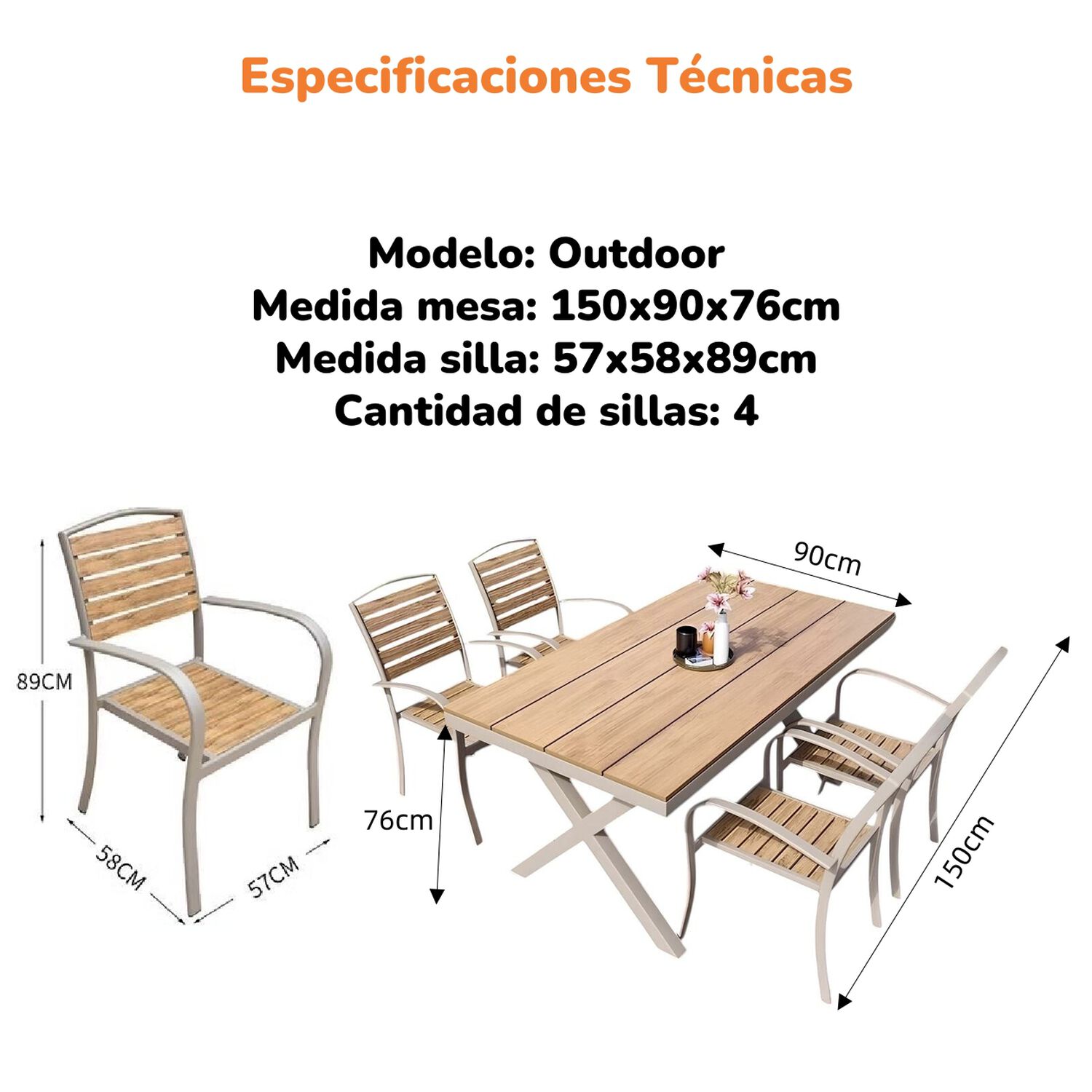 Juego De Comedor Exteriores 150cm Y 4 Sillas Impermeables image number 4.0