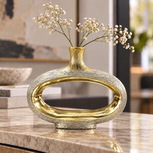 Florero Jarr&oacute;n Decorativo De Cer&aacute;mica Ovalado Con Abertura Central Dorado 25 Cm