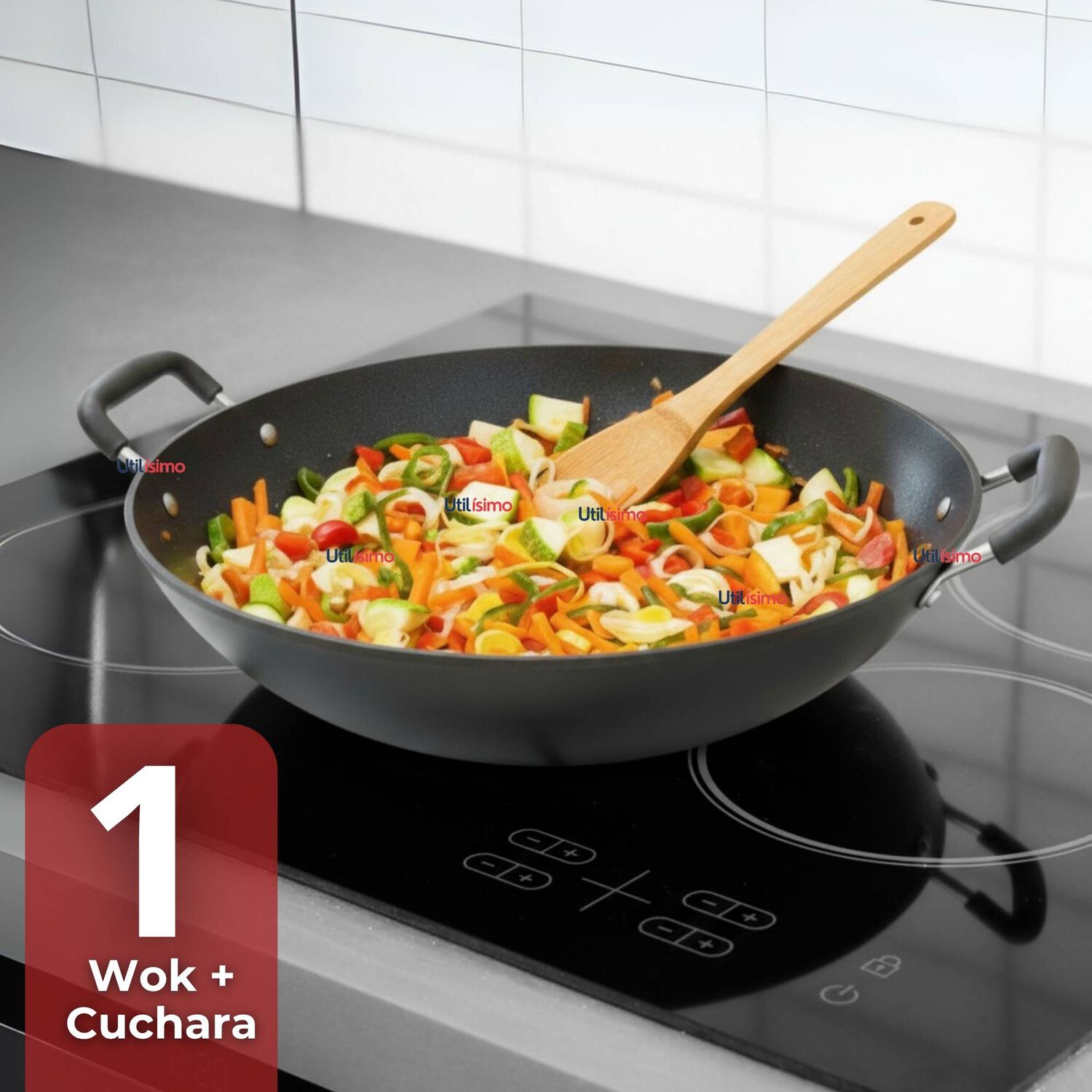 Wok Chino Acero Inoxidable Antiadherente 34cm+ Cuchara De Madera De Bamb&uacute; image number 0.0