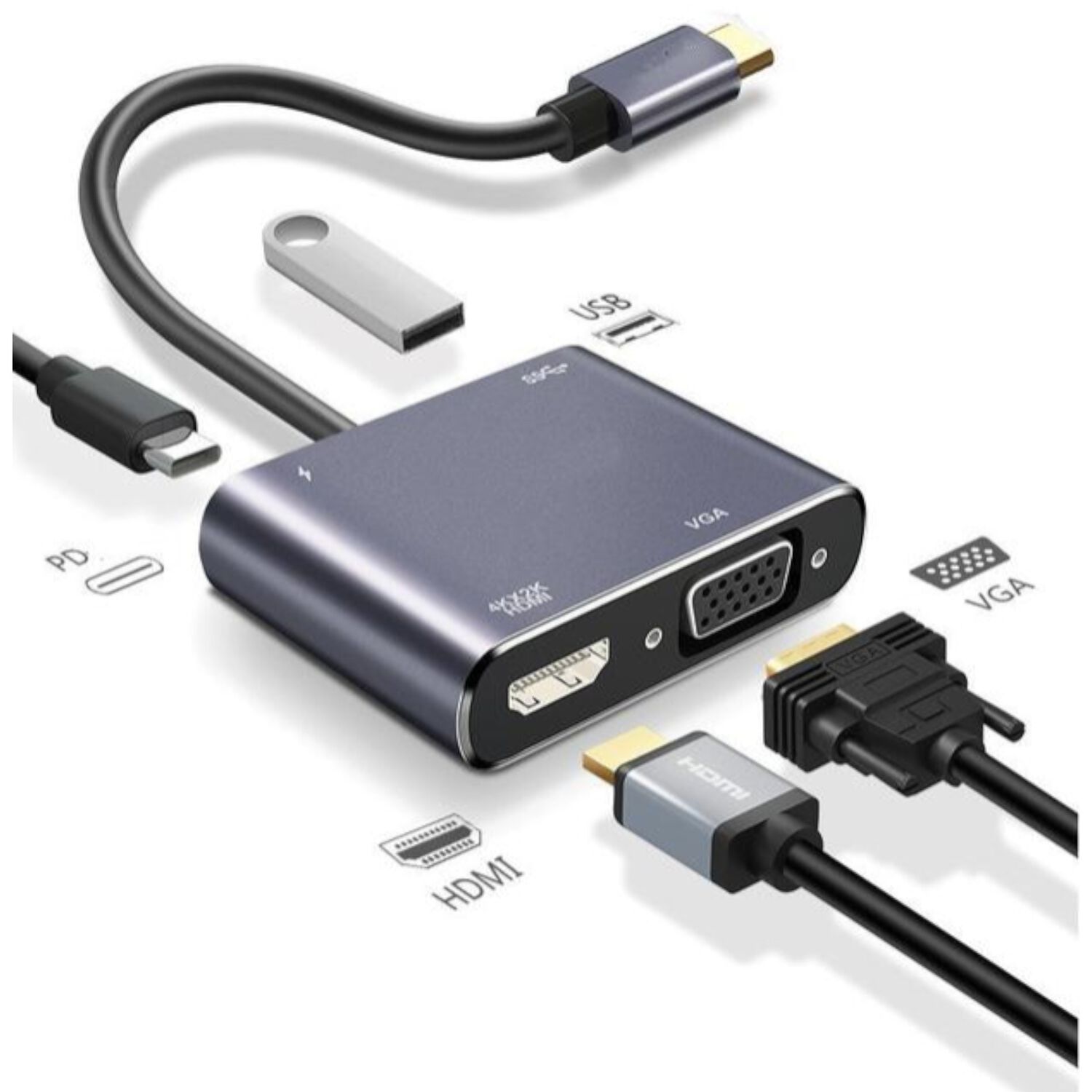Hub Adaptador 4 En 1 Type-c A Hdmi 4k + Vga + Usb 3.0+ Usb C image number 10.0