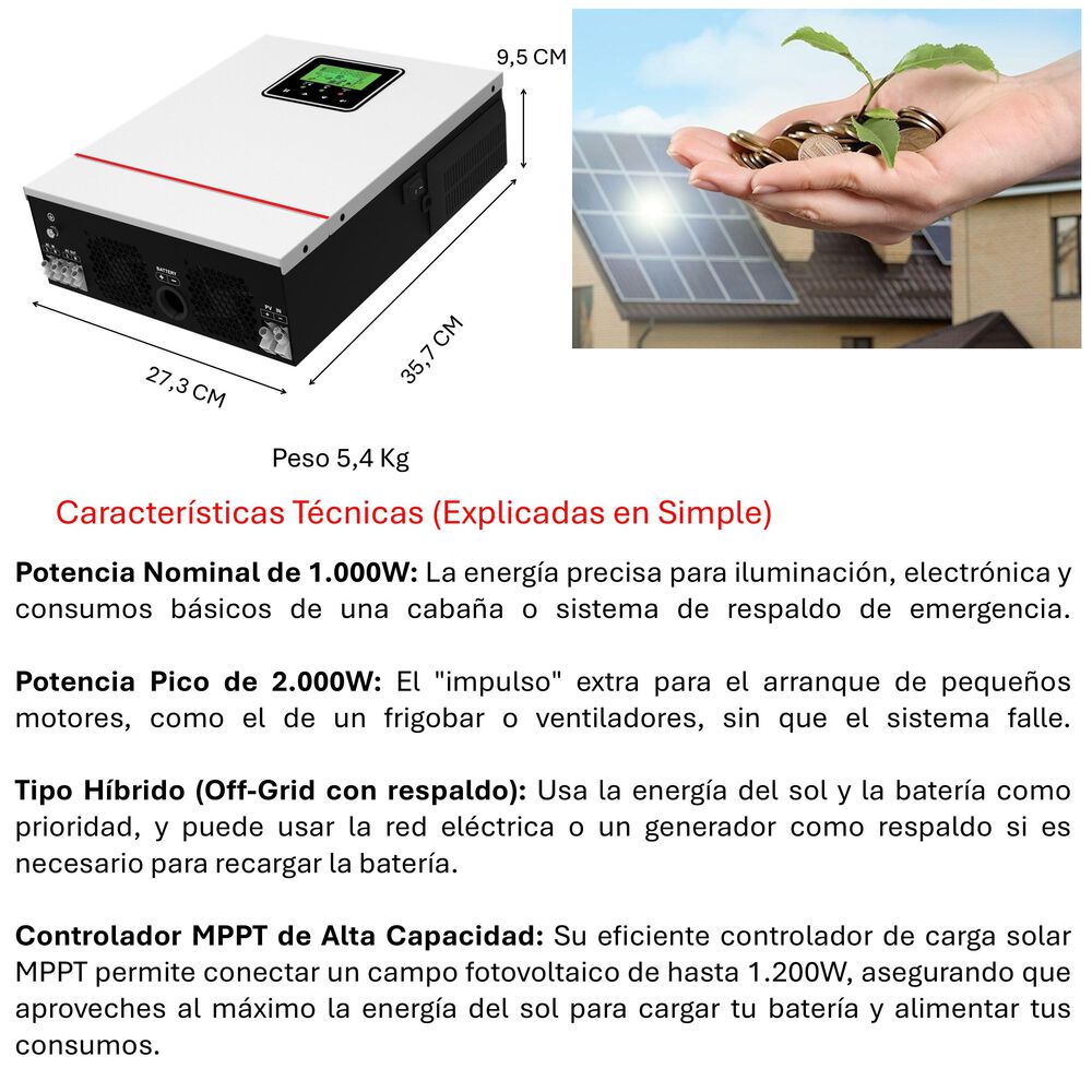 Inversor Solar 1000w 12v Potencia M&aacute;xima 2000w image number 3.0