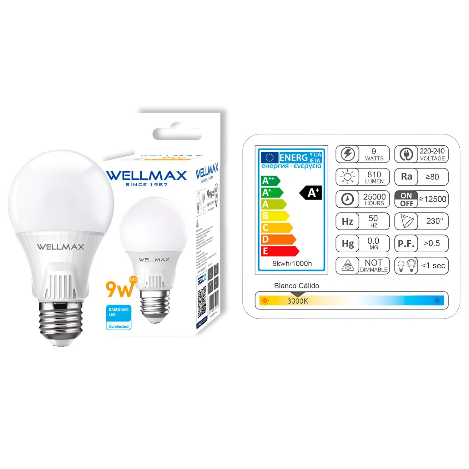 Pack De 3 Ampolletas Wellmax E-27 9w Luz Calida Led Samsung image number 4.0