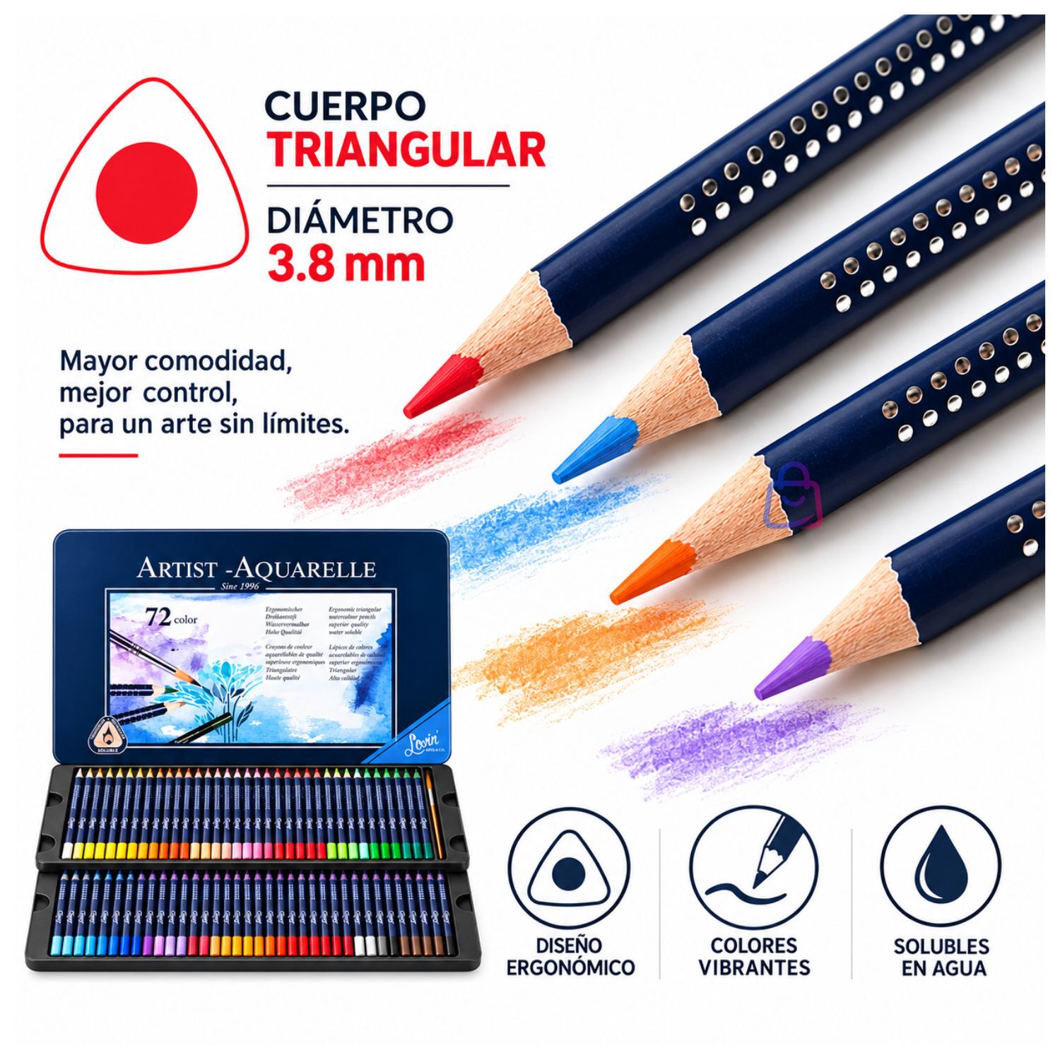 L&aacute;pices Acuarelables 72 Colores + Pincel Caja Met&aacute;lica - Ps image number 1.0