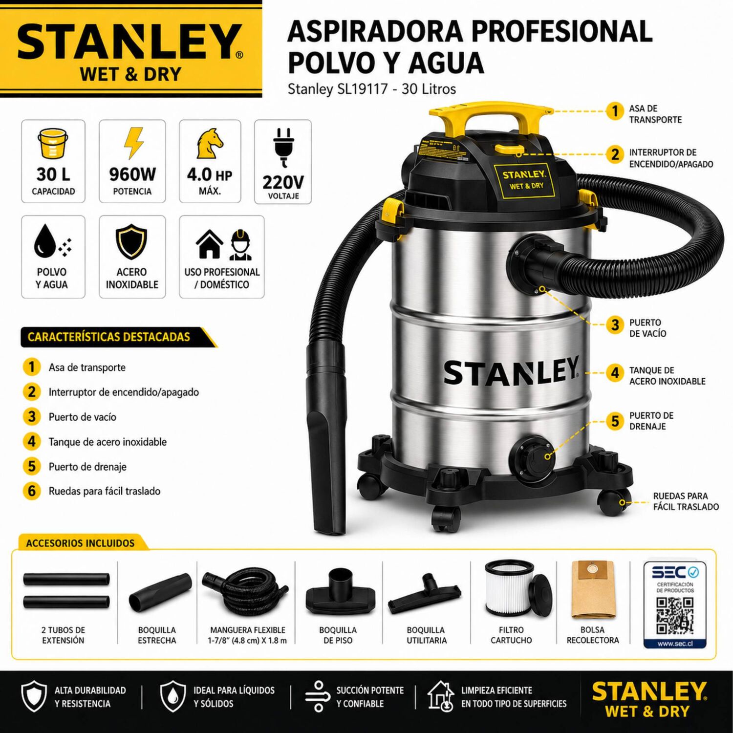 Aspiradora Profesional Stanley 30lt Polvo & Agua Sl19117 image number 3.0
