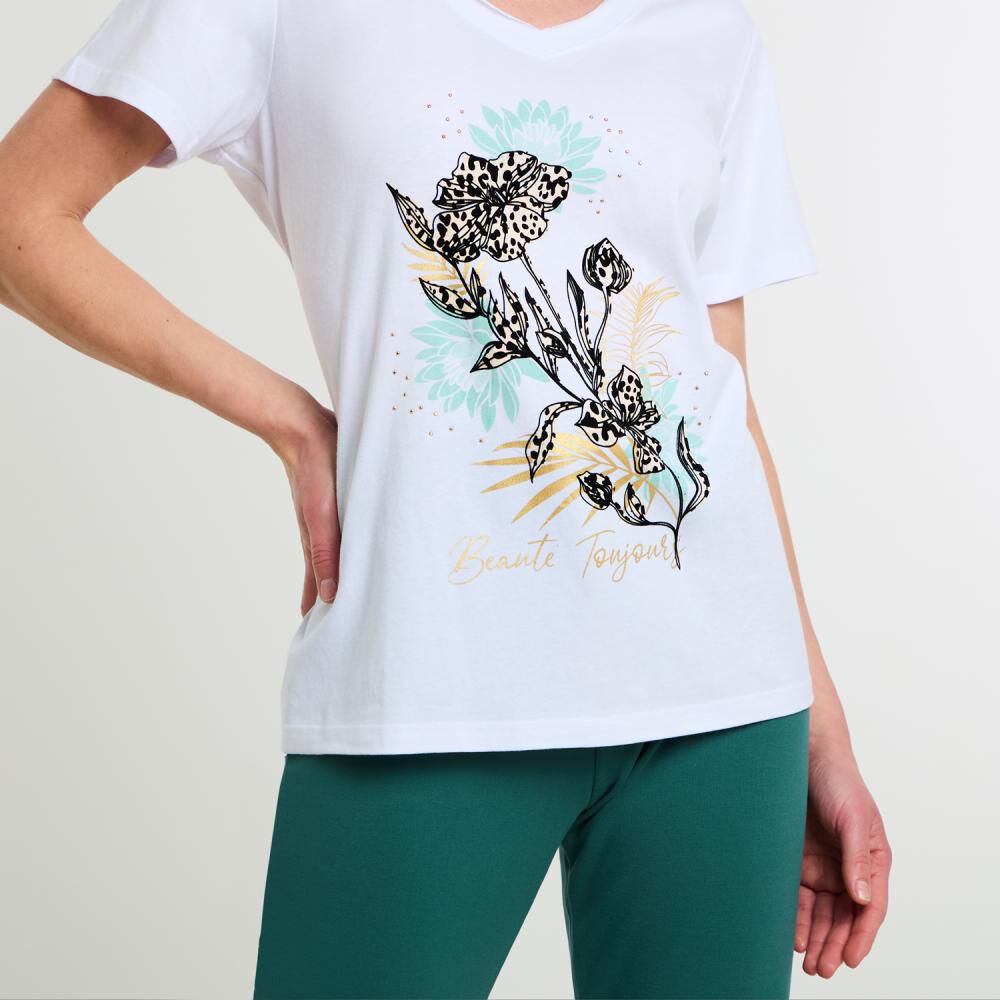 Polera Lisa Con Estampado Manga Corta Cuello V Mujer Lesage image number 4.0