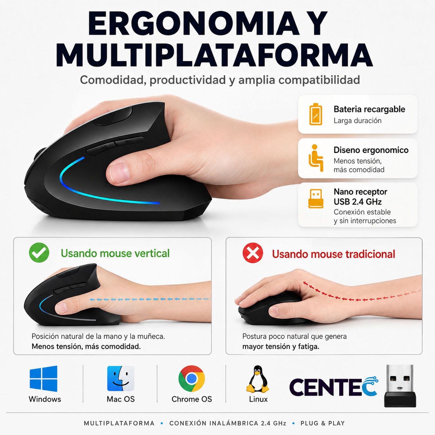 Mouse Vertical Inal&aacute;mbrico Ergon&oacute;mico Recargable 2.4 Ghz Pro image number 6.0
