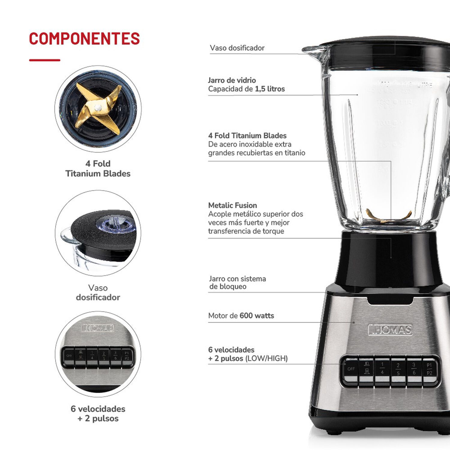 Licuadora Thomas Th410vi 1,5 Litros 600w Juguera Jarro De Vidrio 6 Velocidades M&aacute;s 2 Pulsos Cuchillas 4 Fold Titanium Blades Acople Met&aacute;lico Base Acer image number 4.0