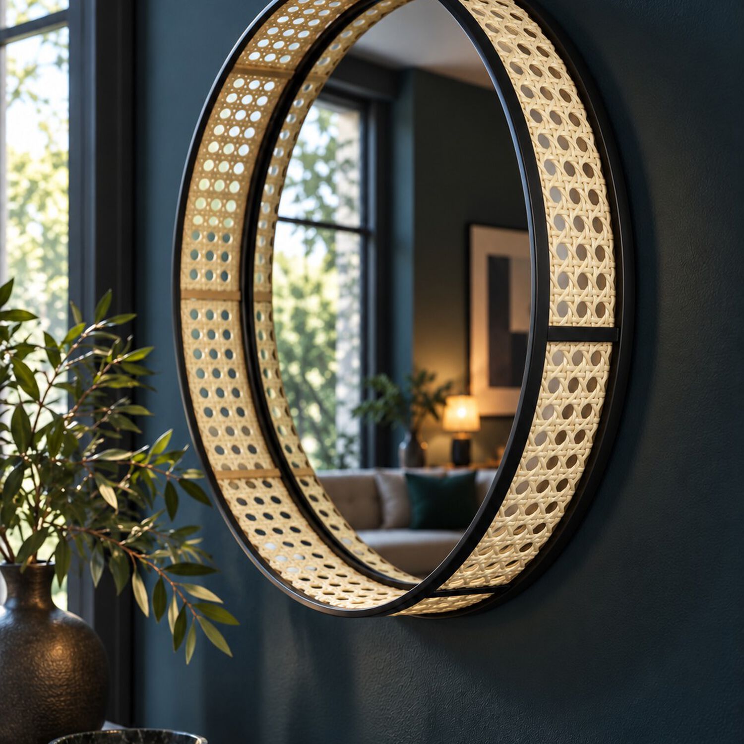 Espejo Circular De Pared Decorativo Rat&aacute;n Sint&eacute;tico Y Marco Metal Negro 45 Cm image number 3.0