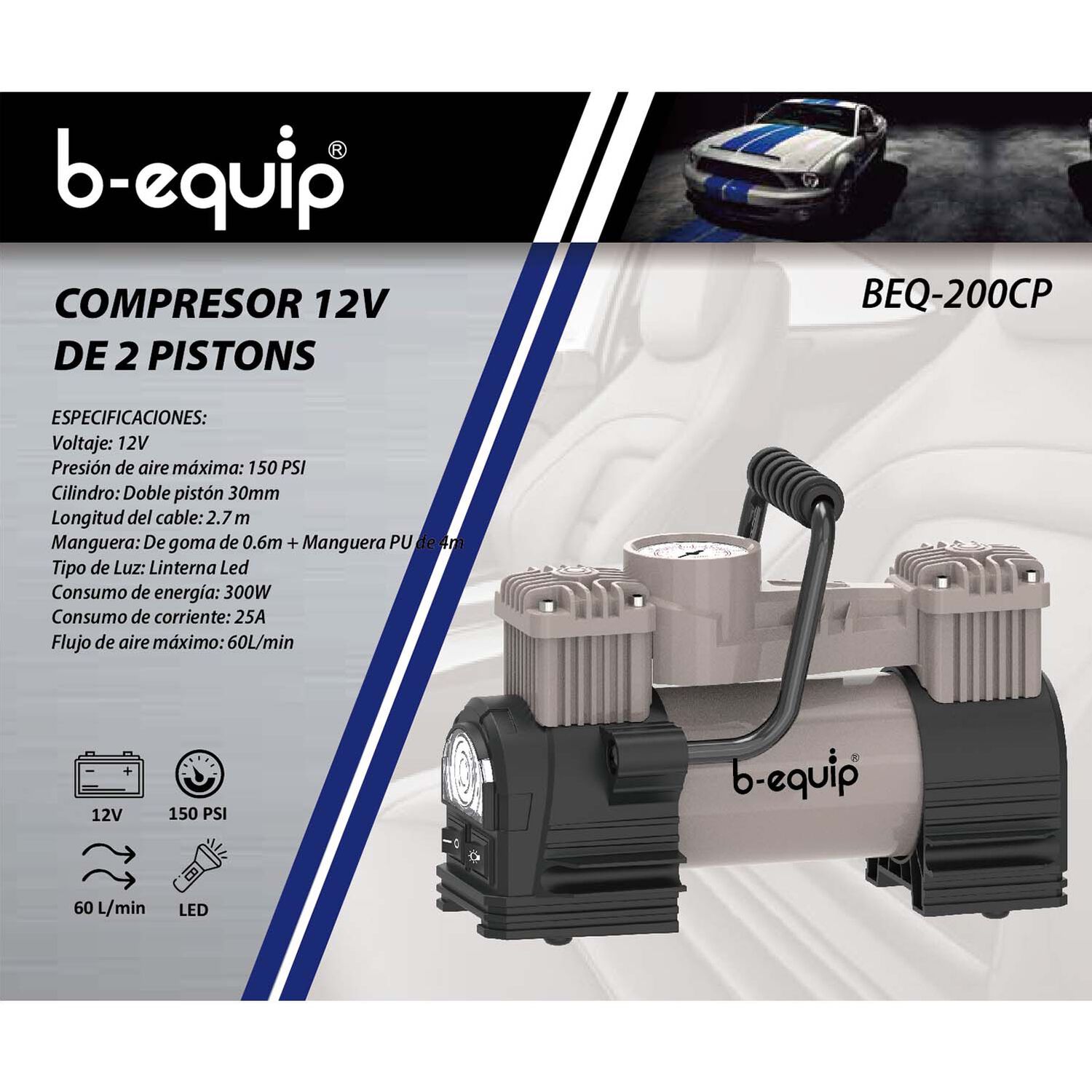 Compresor Aire Llanta Carro Moto Inflador Recargable 200p Color Negro 12v 2 Pistones image number 1.0