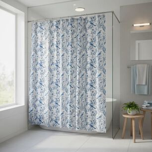 Set Cortina De Ba&ntilde;o De Tela Jard&iacute;n Azul Con Forro