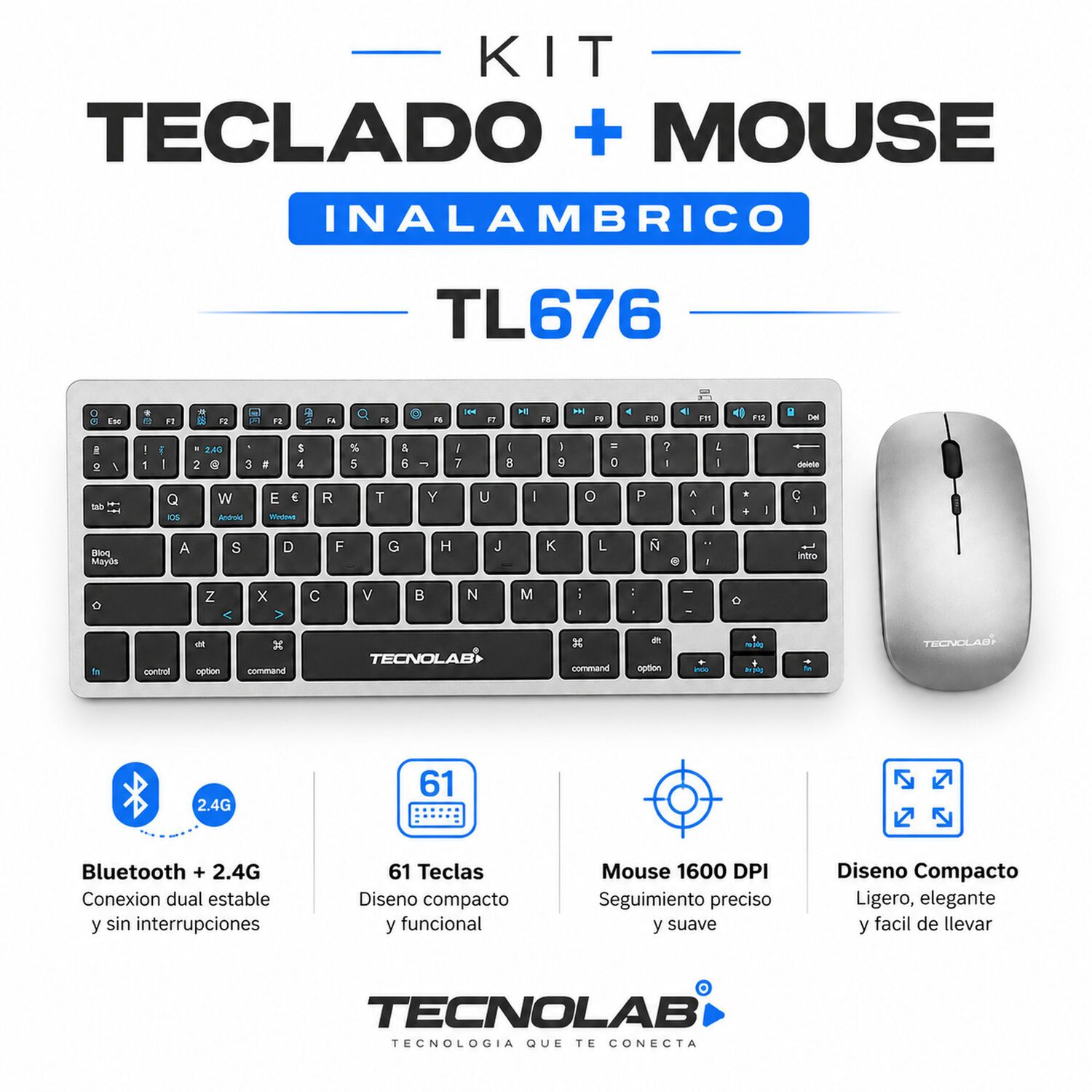 Kit Teclado Y Mouse Inal&aacute;mbrico Conexi&oacute;n Bluetooth + Usb 2g image number 6.0