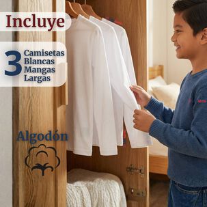 Pack 3 Camisetas Algod&oacute;n Manga Larga Polera Primera Capa Blanco Ni&ntilde;o