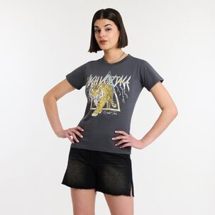 Polera Print Folia Tigre Manga Corta Cuello Redondo Mujer Rolly Go