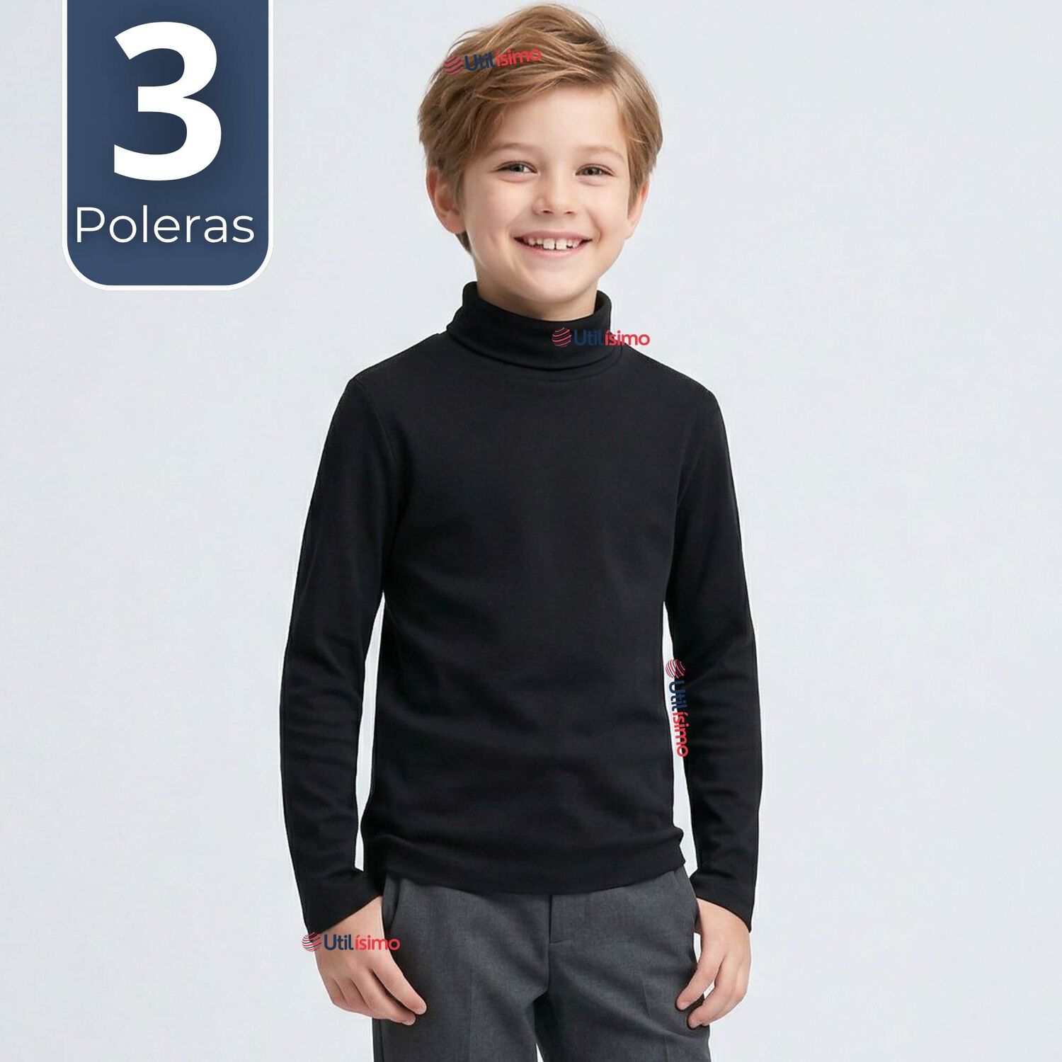 Pack 3 Poleras Camisetas Polar Negras Primera Capa Beatle Manga Larga Ni&ntilde;o image number 0.0
