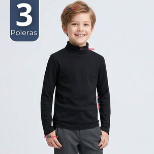 Pack 3 Poleras Camisetas Polar Negras Primera Capa Beatle Manga Larga Ni&ntilde;o