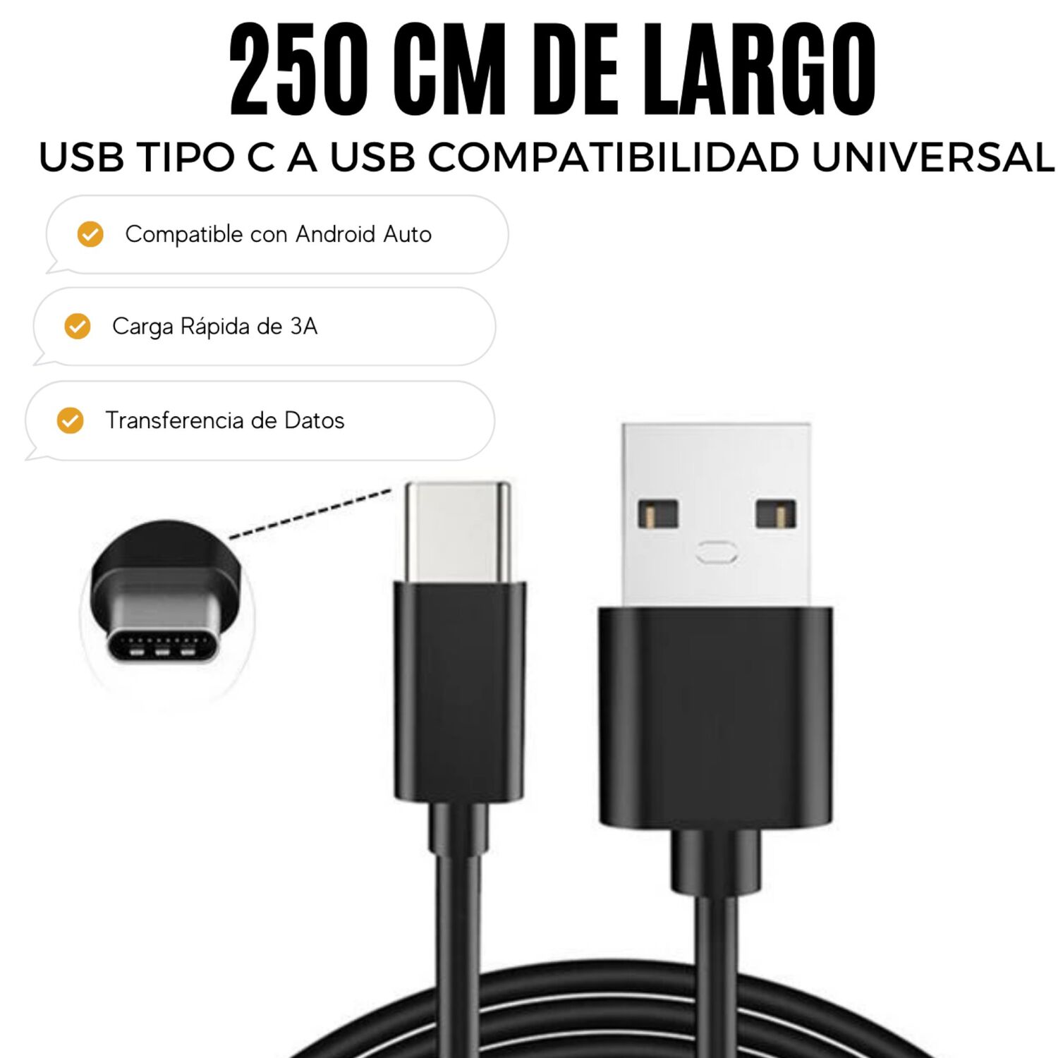 Cable De Datos Usb-c A Usb-a Multiplataformas 2.5 Metros 3a image number 7.0