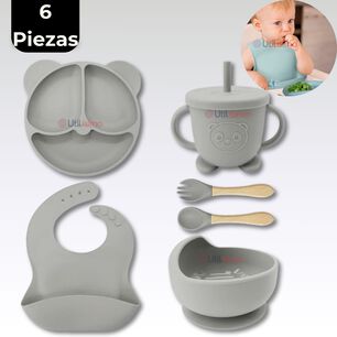 Set De Alimentaci&oacute;n Beb&eacute; Silicona De Oso 6 Piezas Libre Bpa Color Gris
