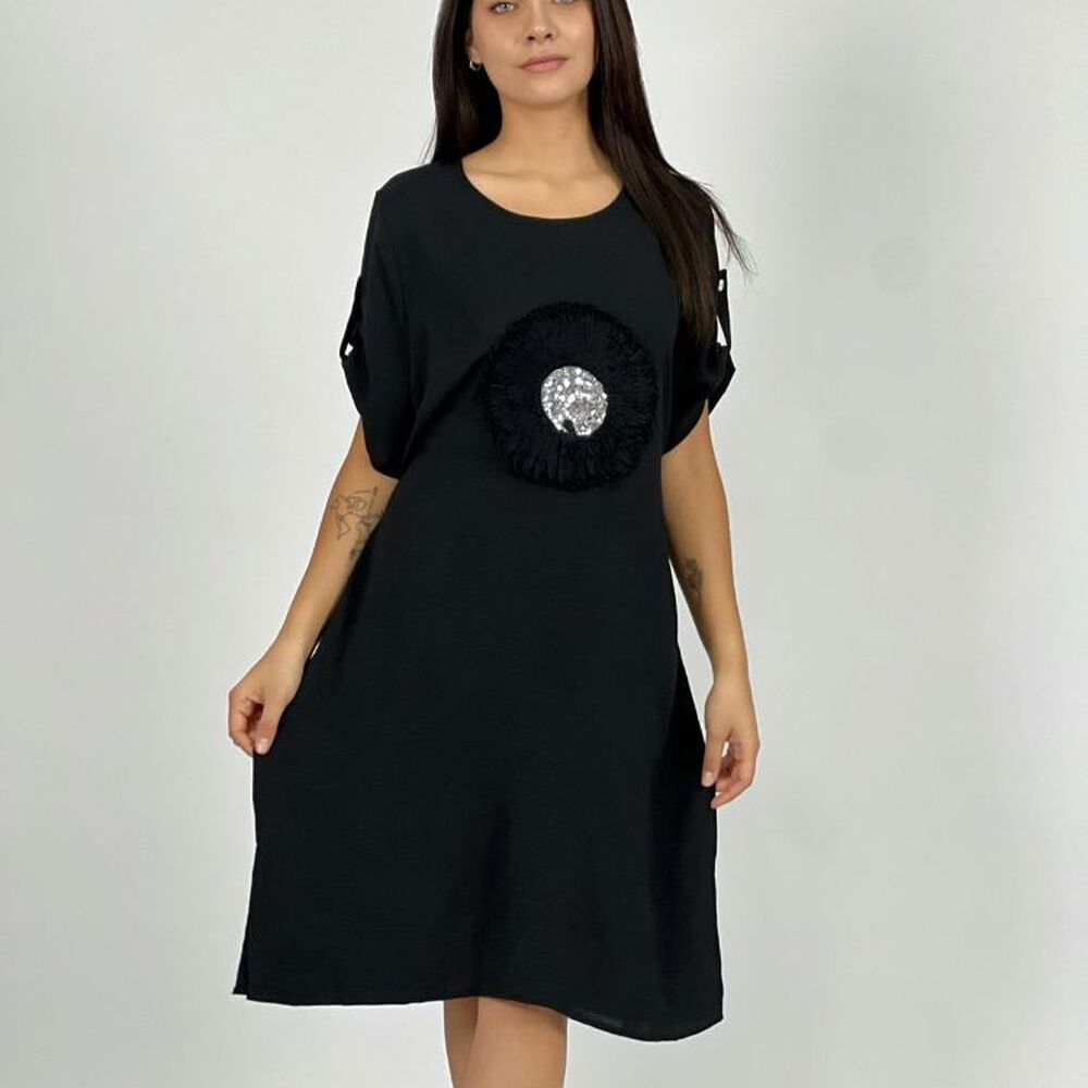 Vestido Crepe Holgado Circulo Con Brillo Beige Enigmática Boutique image number 6.0