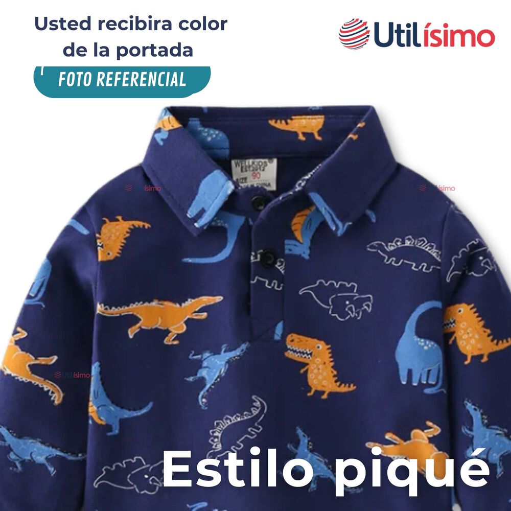 Polera Piqué Manga Larga Niño Con Estampado De Dinosaurios Azul image number 3.0
