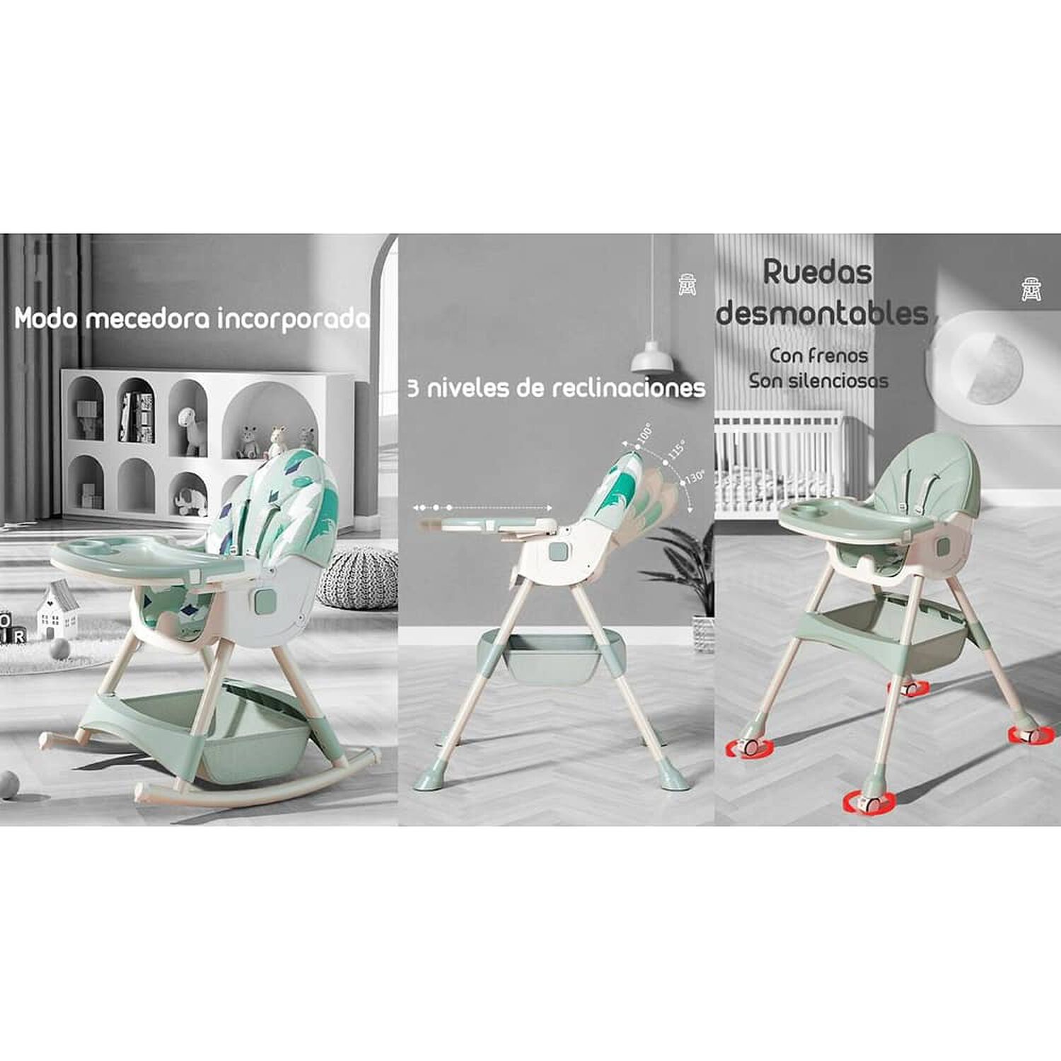 Silla De Comer Mecedora 2 En 1 Con Ruedas Verde Lubabycas image number 1.0