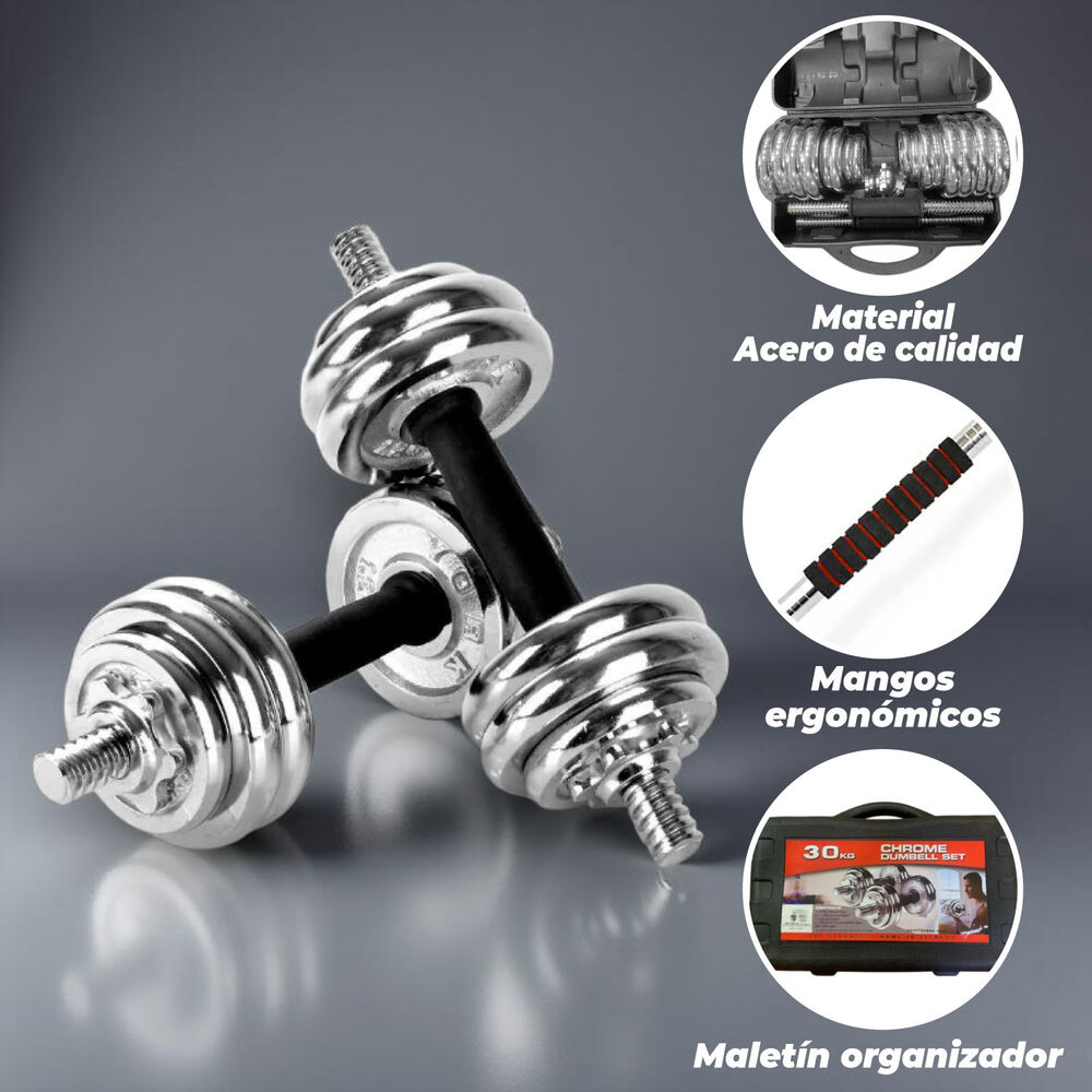 Set De Mancuernas 30 Kg Acero Cromadas Barra Y Malet&iacute;n image number 3.0