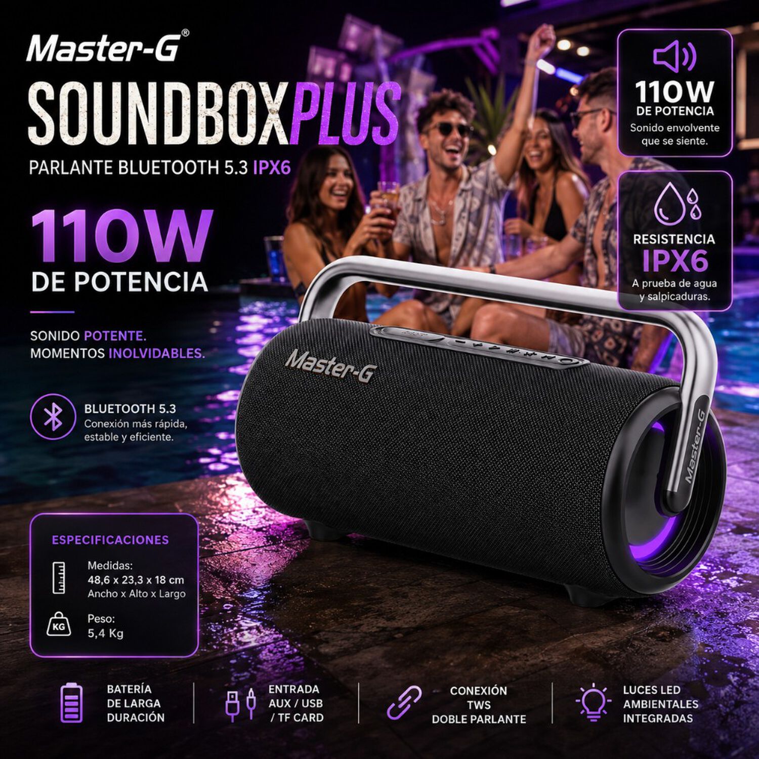 Parlante Bluetooth 5.3 Ipx6 110w 5,25" Soundboxplus Master-g image number 3.0