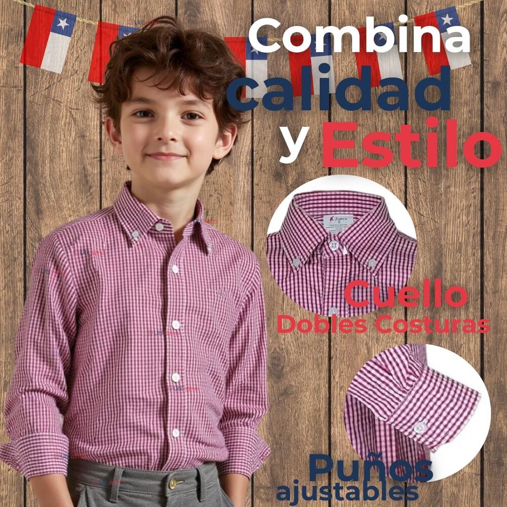 Camisa Huaso Cuadrillé Algodón Niño Juvenil Color Rojo image number 3.0