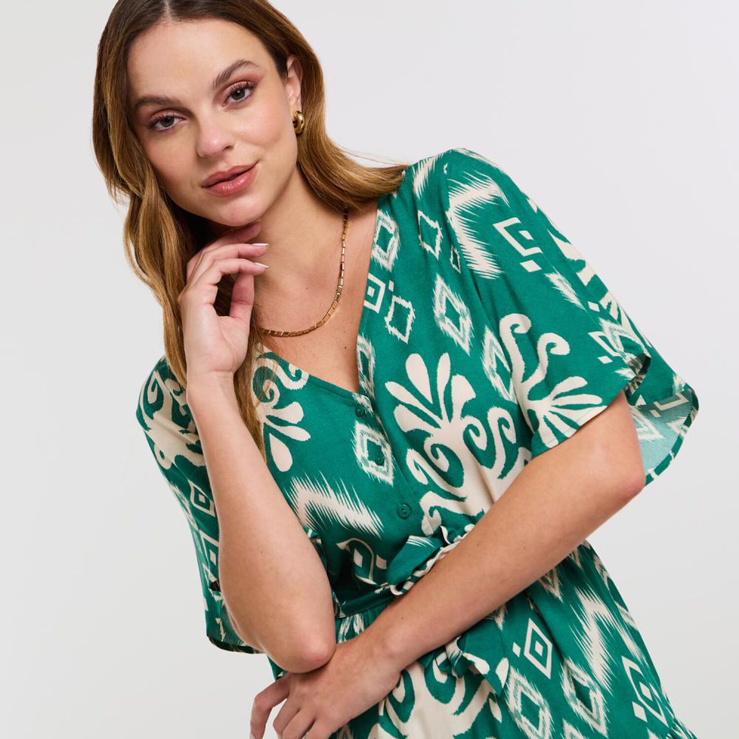 Vestido Full Print Maga Corta Con Vuelo Y Lazo En Cintura Mujer Kimera image number 4.0