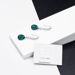 Aros Gota De Luz Plata Italiana 925 Y Cristal Genuino Emerald Shimmer