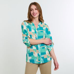 Blusa Full Print Manga 3/4 Roll Up Cuello Mao Mujer Lesage
