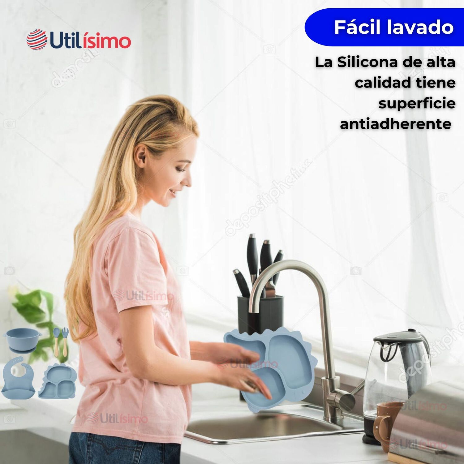 Set De Alimentaci&oacute;n Beb&eacute; Silicona 5 Piezas Dinosaurio Libre Bpa Color Celeste image number 5.0