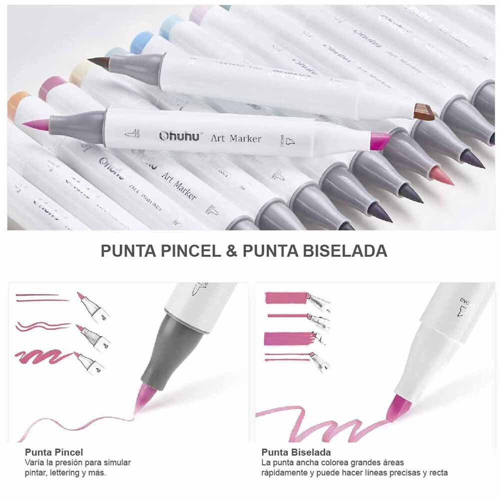 Ohuhu 216 Marcadores De Alcohol + 1 Blender. Pincel&biselada image number 1.0