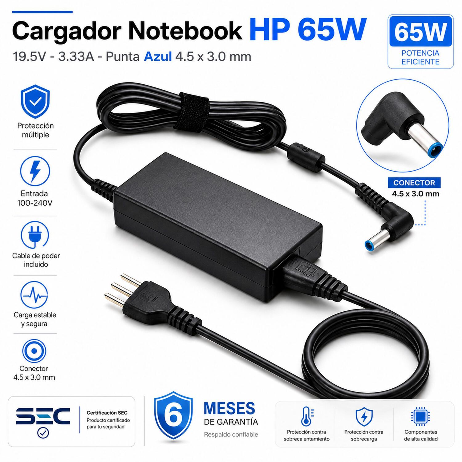 Cargador Notebook Para Hp 19.5v 3.33a Pin Azul 4.5*3.0mm 65w image number 5.0