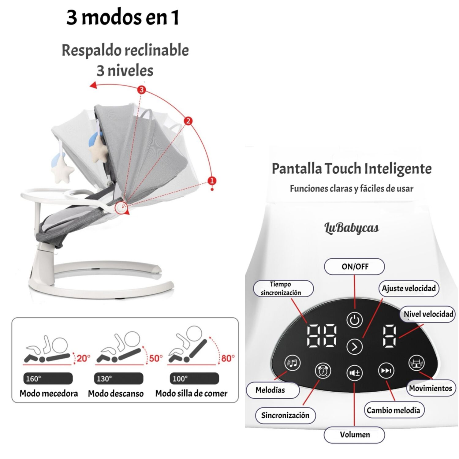 Mecedora El&eacute;ctrica 2 En 1 Bluetooth Yoya Gris Lubabycas image number 2.0