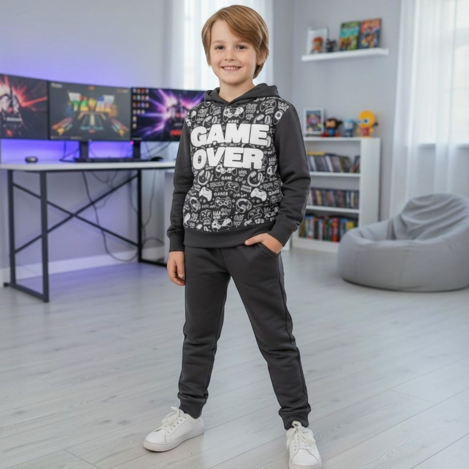 Buzo Ni&ntilde;o Franela Game Over Acero image number 0.0